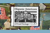 A 20-cent postage stamp featuring an illustration of seven Hispanic Americans standing in front of an American flag. According to the National Postal Museum, “The Hispanic Americans stamp design features a U.S. marine in full dress uniform with the Medal of Honor draped around his neck. He is flanked on both sides by two men and a woman in military dress, one man in civilian attire, and a young boy and girl. The United States flag appears in the background, signifying the Hispanic contributions to national defense.