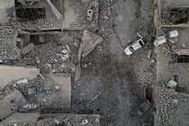 An aerial view of a destroyed street on the west side of Mosul, Iraq