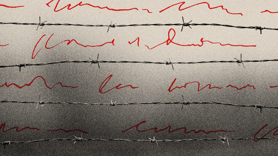 Handwriting placed between strands of barbed wire