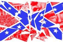 A shattered Confederate flag made up of images of the January 6th insurrection