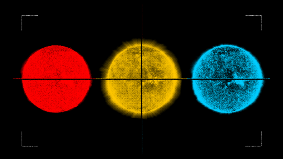 Three images of the sun in red, yellow, and blue—the products of observing our star in three different wavelengths