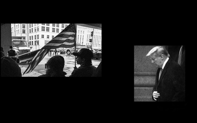 A photo-illustration featuring a photo of Donald Trump and photo of his supporters against a black background