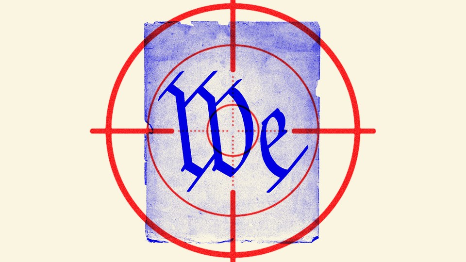 An illustration of the word "We" from the U.S. Constitution on a blue piece of parchment paper in the crosshairs of a red target