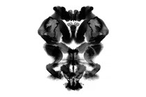 Illustration of Rorschach-style symmetrical inkblots in the shape of primates facing each other