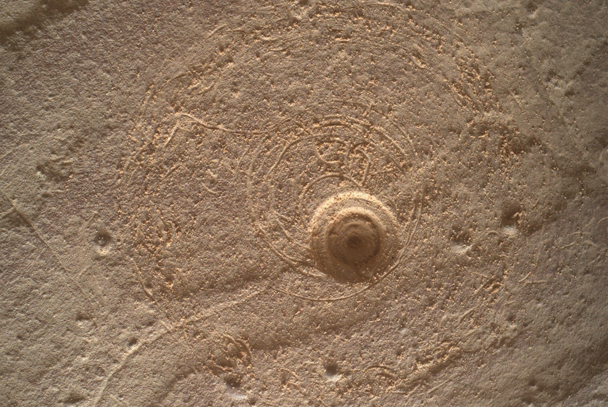 A small drill hole and brush marks left on a rock's surface