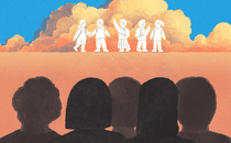Five silhouettes facing backward look at the outlines of children in the distance, representing their younger selves