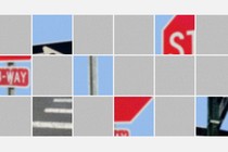 An illustration of a CAPTCHA. It shows a grid of different images, each a different fragment of a stop sign.