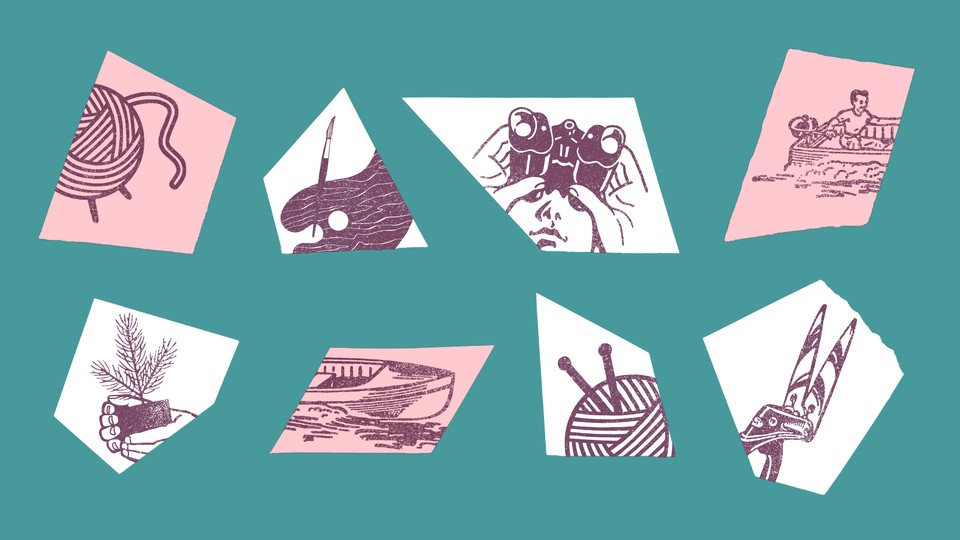 Images of hobbies such as knitting, painting, and gardening collaged on a blue background