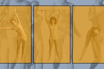 Three photographs of women exercising over a background photo of people running