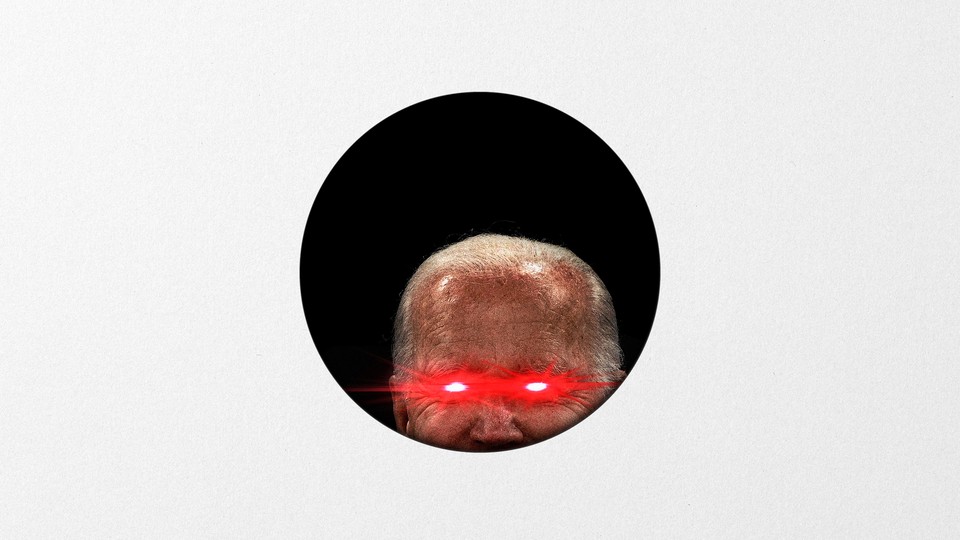 A 'Dark Brandon' meme of Joe Biden with laser eyes, peeking out from a hole
