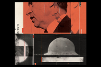 A photo collage in red, white, and black showing Richard Nixon in side profile and explosions