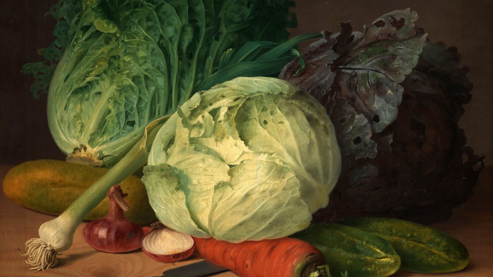 Illustration of onions, cucumbers, carrots, celery, and three heads of cabbage
