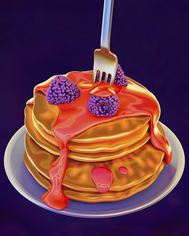 An illustration of a stack of pancakes with a fork sticking out of it