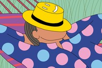 Illustration of a person reclining in a hammock, with their face covered by a hat with a smiley-face design