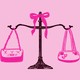 Illustration of two pink purses balancing equally on a scale.