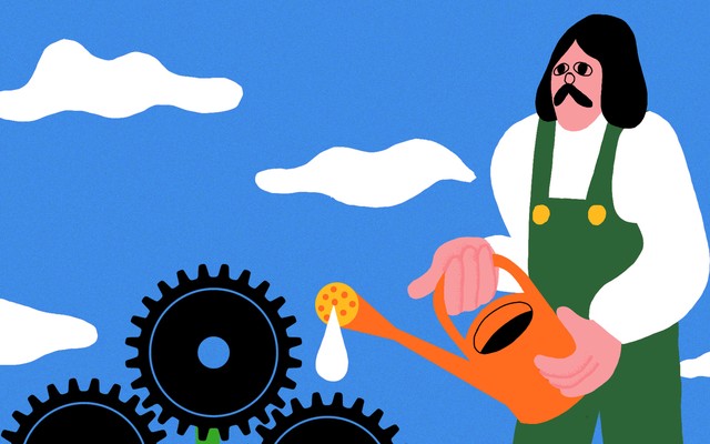 Illustration of a man wearing overalls using a watering can to water plants whose flowers look like gears