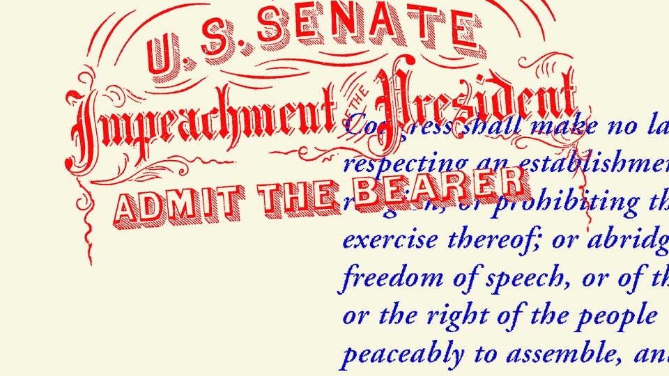 An illustration of Impeachment articles and the First Amendment text.