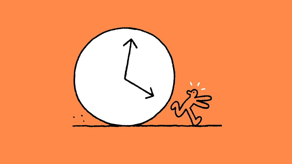 illustration of figure running away from huge rolling clock on orange background