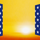 An illustration of a sunrise or sunset through a window with American-flag shutters
