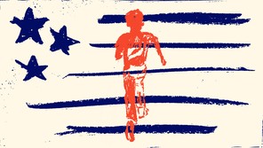 Illustration of a child in red with blue stars and stripes in the background.