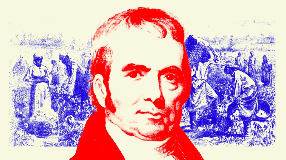 A red-hued portrait of John Marshall laid over a blue-hued illustration of slaves working in a field