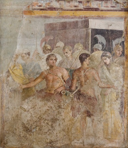 A first-century fresco depicts Briseis (right) being led from the tent of Achilles (left) 
