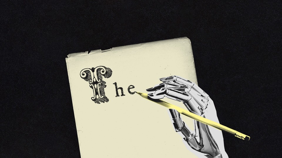 Illustration of a robotic hand writing with a pencil