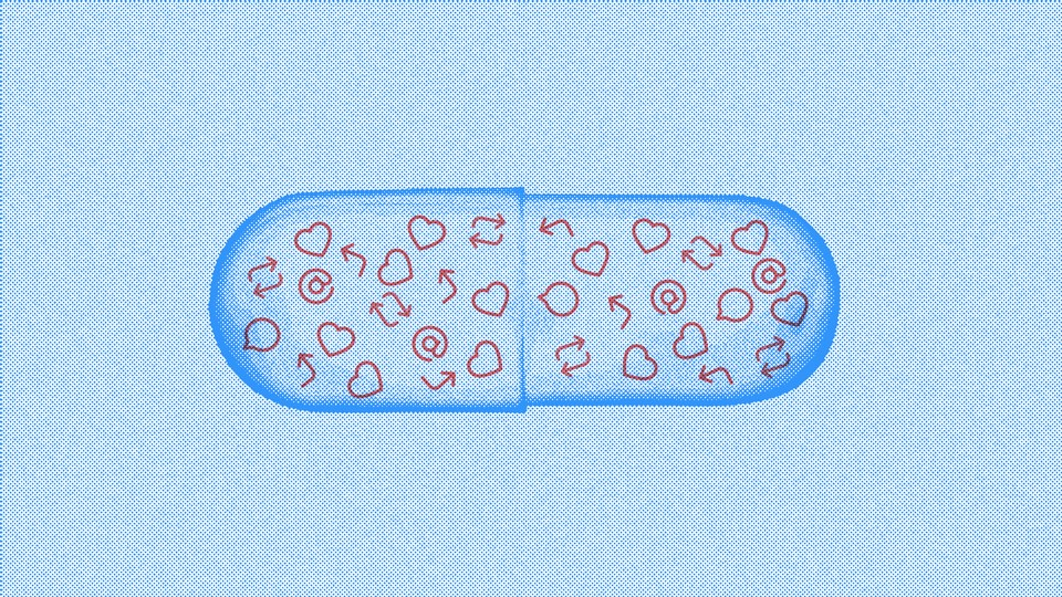 A blue pill with Twitter icons suspended inside of it—likes, retweets, replies.