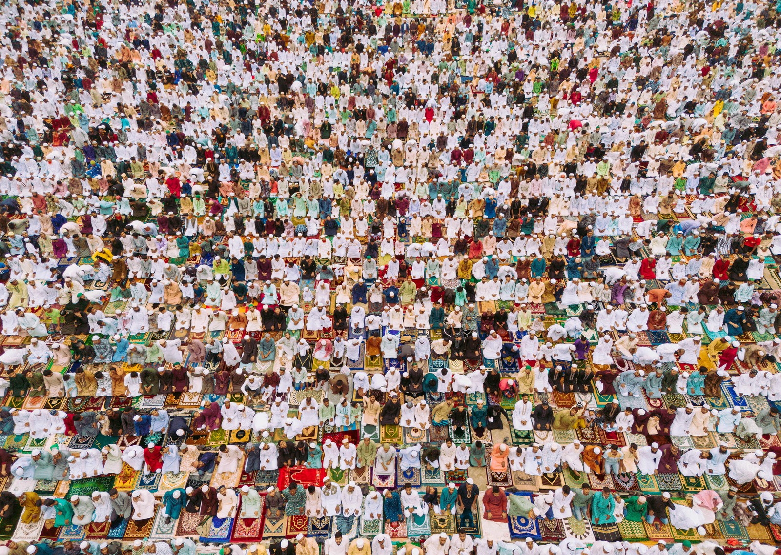 An overhead view of hundreds of Muslims kneeling in prayer.