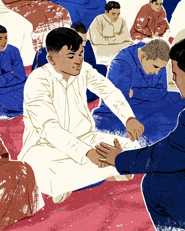 illustration of man seated on ground, surrounded by other seated players, wearing white and holding out both arms, fists turned down, as another player puts his hand on top of one fist