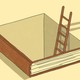 A brown, black, and white illustration of a person walking out of a hole shaped like a book via a ladder.
