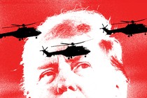 An illustration of Donald Trump's face with helicopters flying by