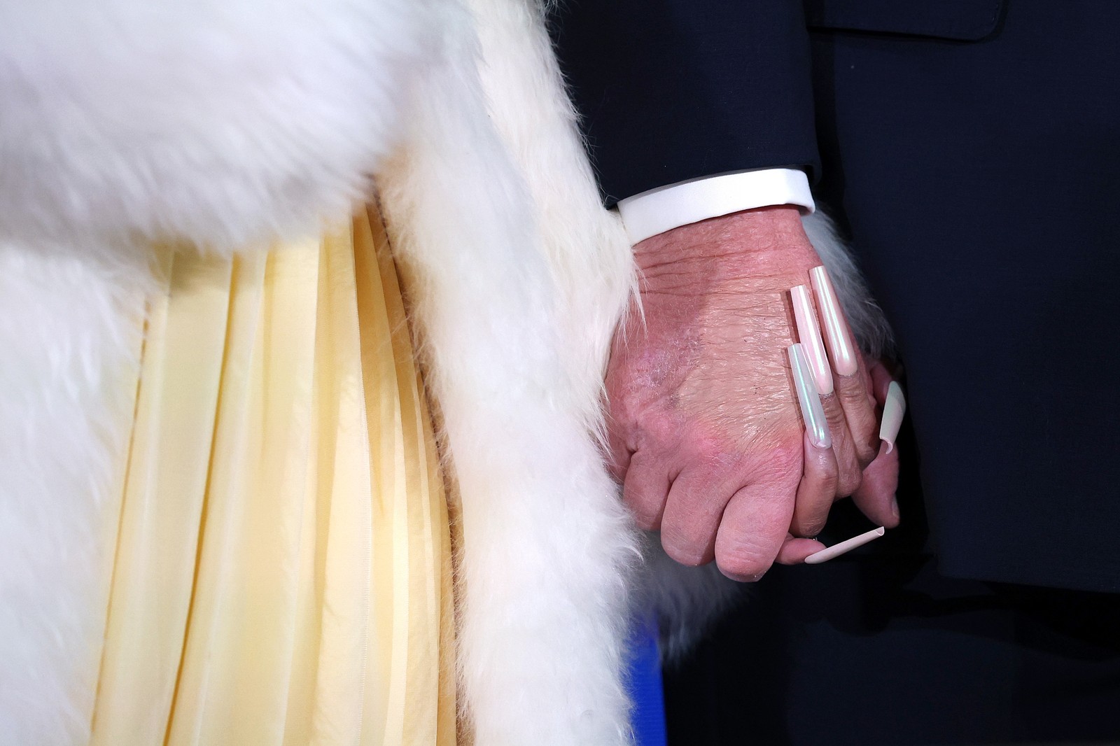 A detailed view of the clasped hands of performer Nicki Minaj and President Donald Trump