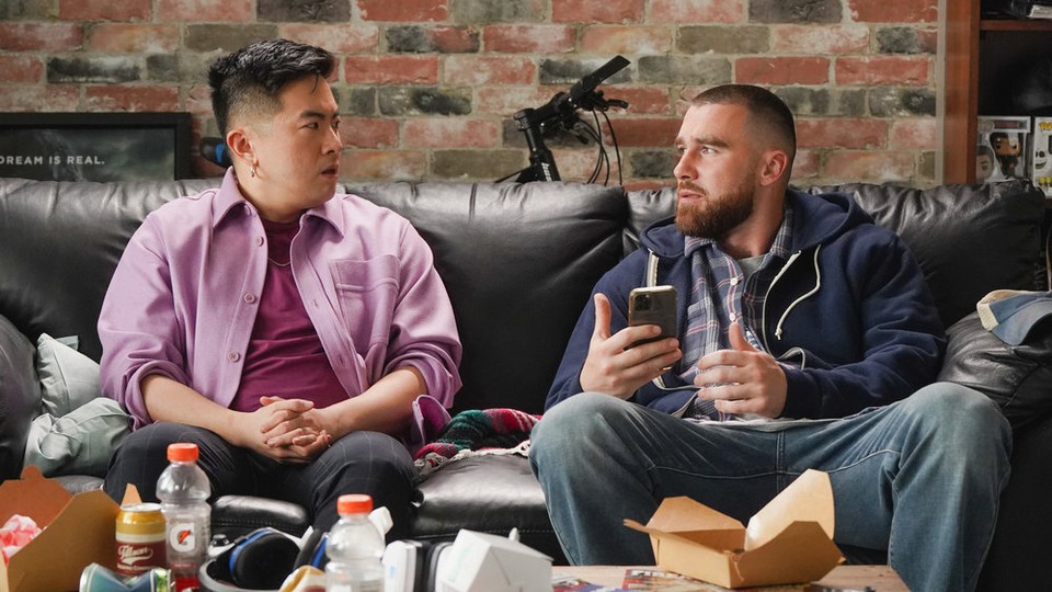 Bowen Yang and Travis Kelce in 'Straight Male Friend' on 'SNL'