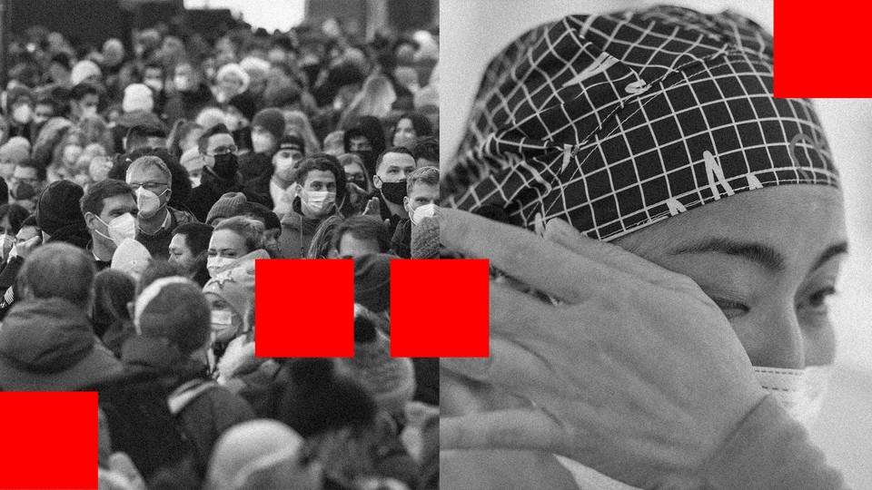 Two photos, one of a masked crowd, the other of a nurse wiping away tears