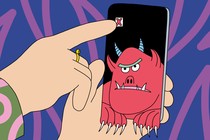 Illustration of a finger reaching forward to hit a red "cancel" X on a smartphone image of a troll.