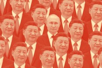 A photomontage of many Xi Jinping faces and one Vladimir Putin face