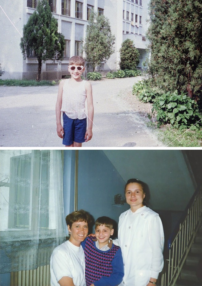 Izidor in front of his orphanage in June 1991, four months before the Ruckels adopted him and brought him to the United States; 11-year-old Izidor meets Marlys Ruckel for the first time in Romania, with one of the orphanage workers.
