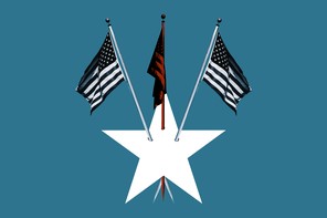 On a deep cerulean background a white star has three American flags piercing its center. The flag in the middle is red and black while the two flags on either side are black and white.