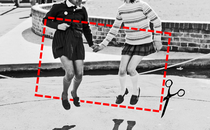 A dotted-line rectangle representing a label, with an image of scissors snipping it, overlays a black and white image of two young girls holding hands and jumping in the air