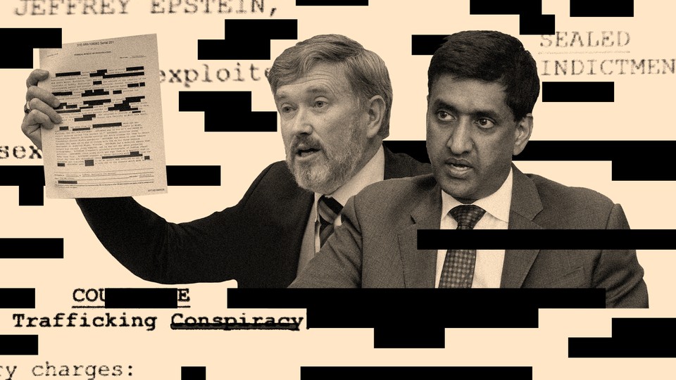 Thomas Massie holding up a redacted file, Ro Khanna, and a collage of redacted text including "Jeffrey Epstein" and "Sealed Indictment"