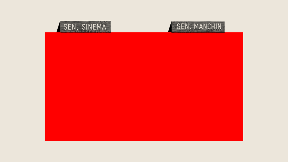 Illustration of a red box with Manchin and Sinema name cards on top.