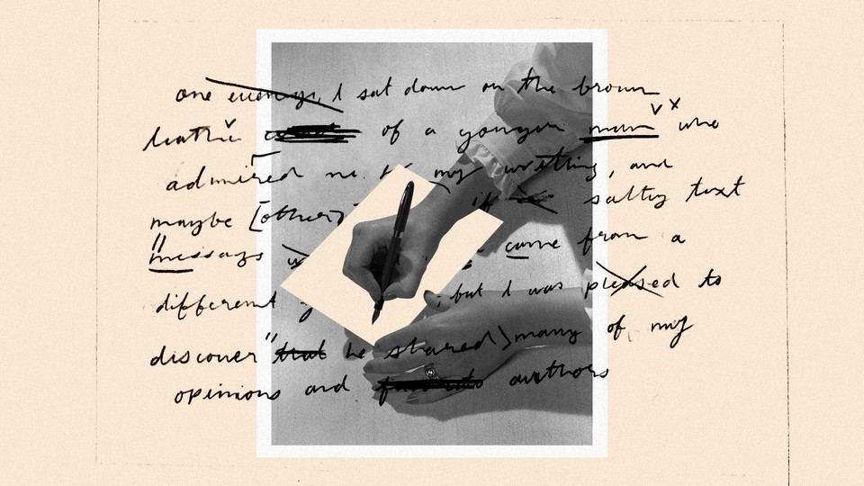 A photo illustration of handwritten words laid over a black-and-white photograph of letter being written on a table.