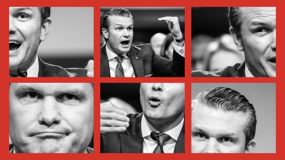 Pete Hegseth speaking in a grid of black-and-white images on a red background