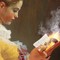 Illustration based on Fragonard's painting "Young Girl Reading" of a girl in yellow dress reading a book, with a mirror image of the girl appearing out of the book along with flames and smoke