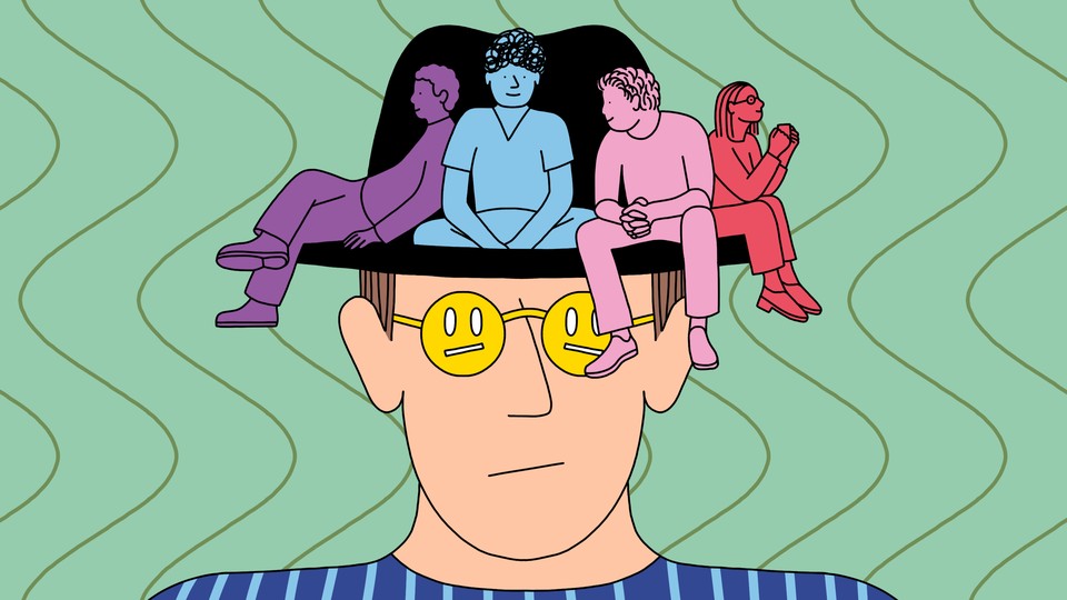 Illustration of a person wearing frowny-face sunglasses and a large hat, on which four shadowy, colorful people are perched