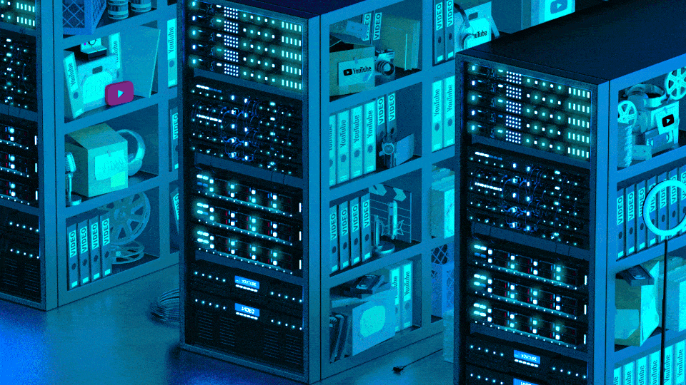 Animated illustration of data sets filled with binders labeled YouTube