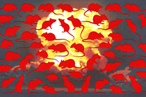 Red silhouettes of rats scattered over the image of an explosion