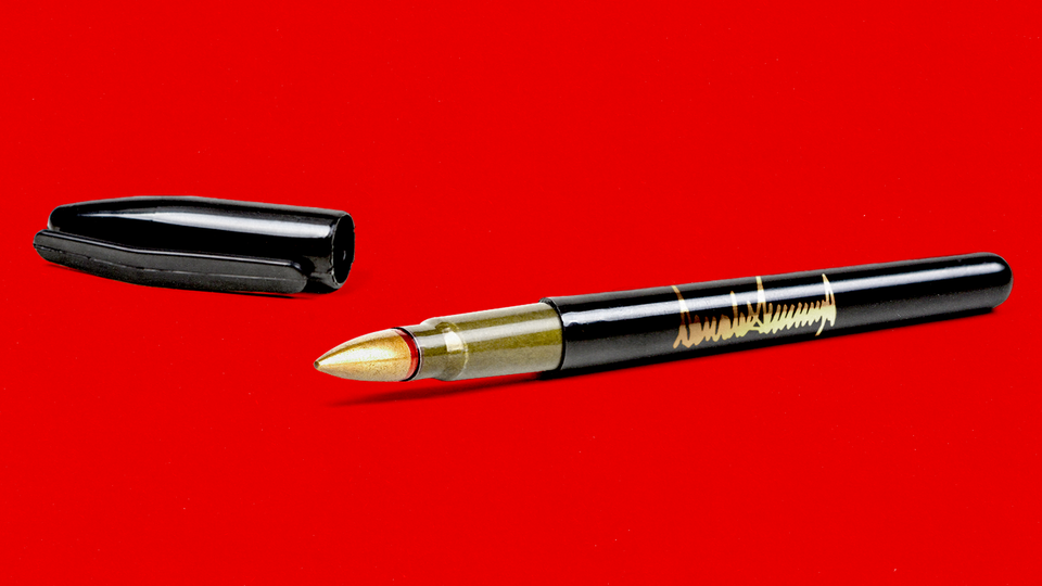 An open pen with Donald Trump's signature on it against a red background.