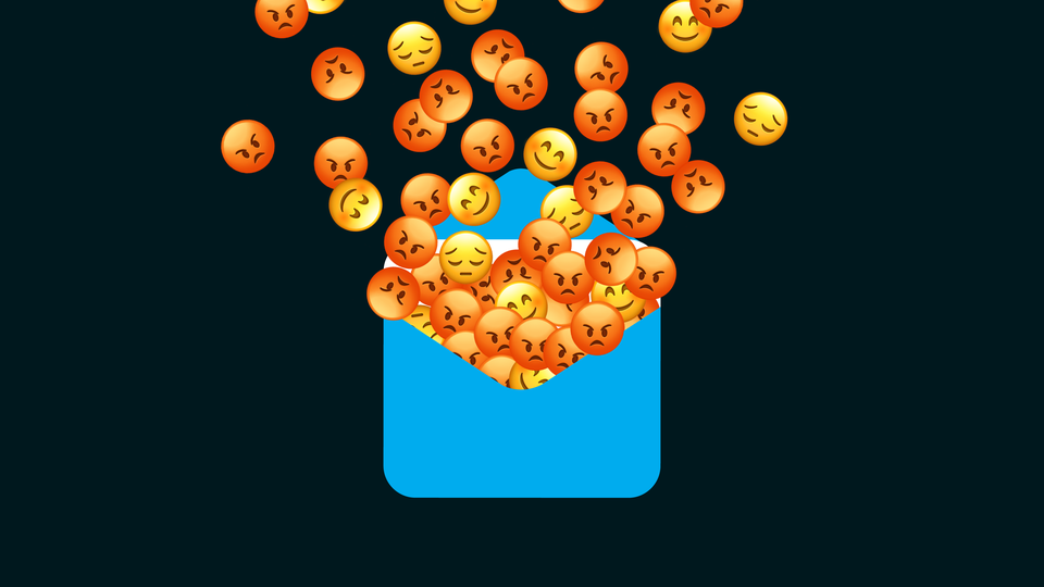 A message icon with angry, happy, and sad emojis flying out